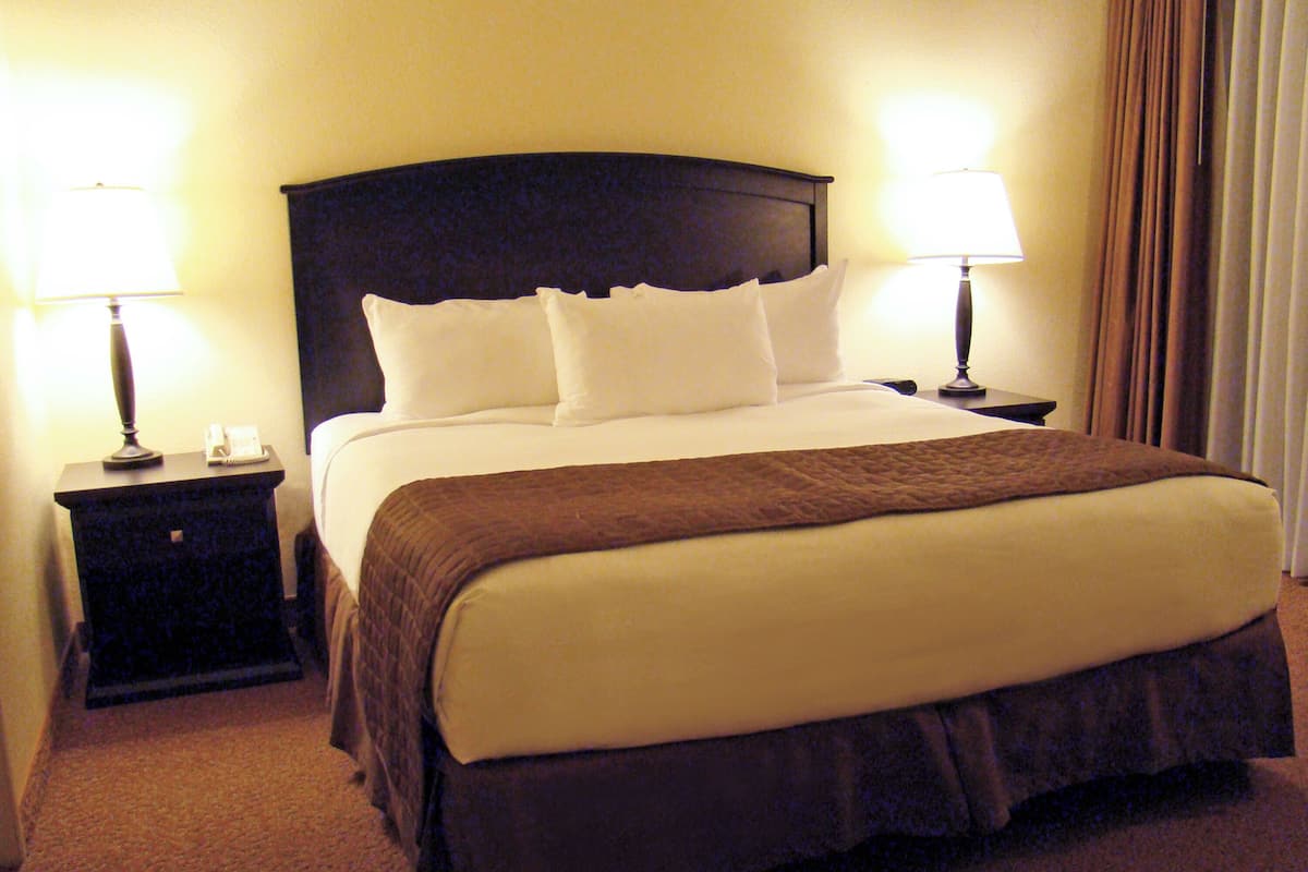 Une chambre d’hôtel avec un grand lit, deux tables de chevet et des lampes.