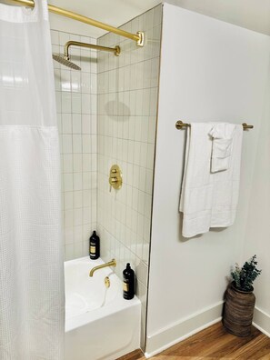 Hair dryer, towels, soap, shampoo