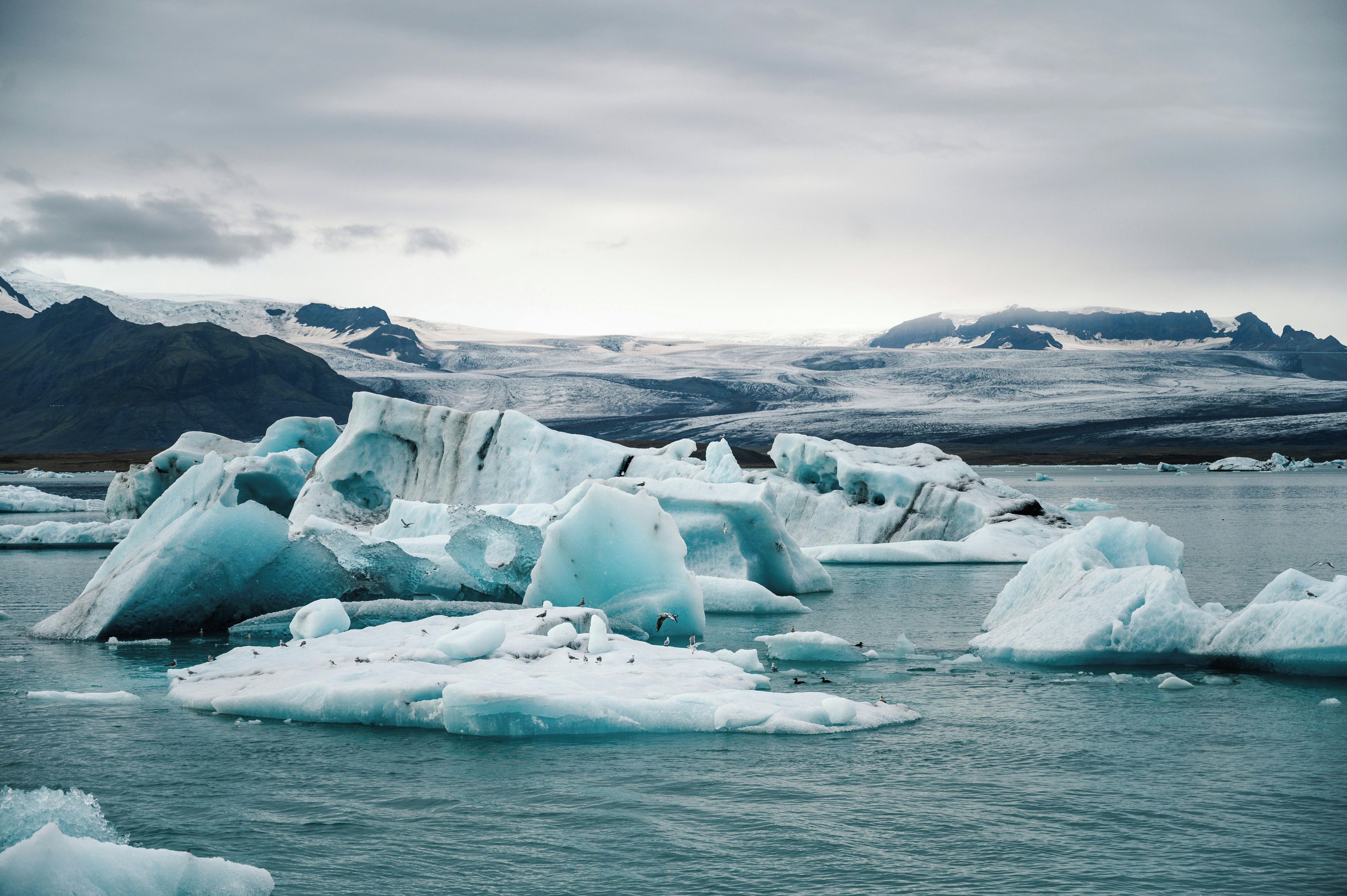 A glacier with icebergs floating in a body of water, surrounded by mountains.