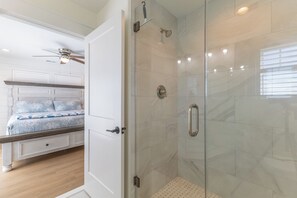 Shower, towels, soap, toilet paper
