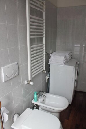 Hair dryer, bidet, towels, soap