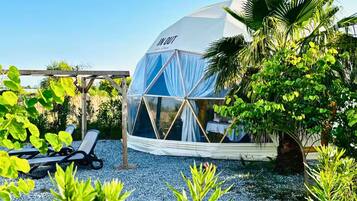 Junior tent, terras | Luxe beddengoed, een minibar, een bureau, verduisterende gordijnen