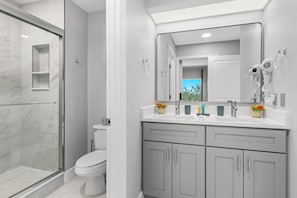 Hair dryer, towels, soap, toilet paper