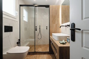 Shower, hair dryer, bidet, towels