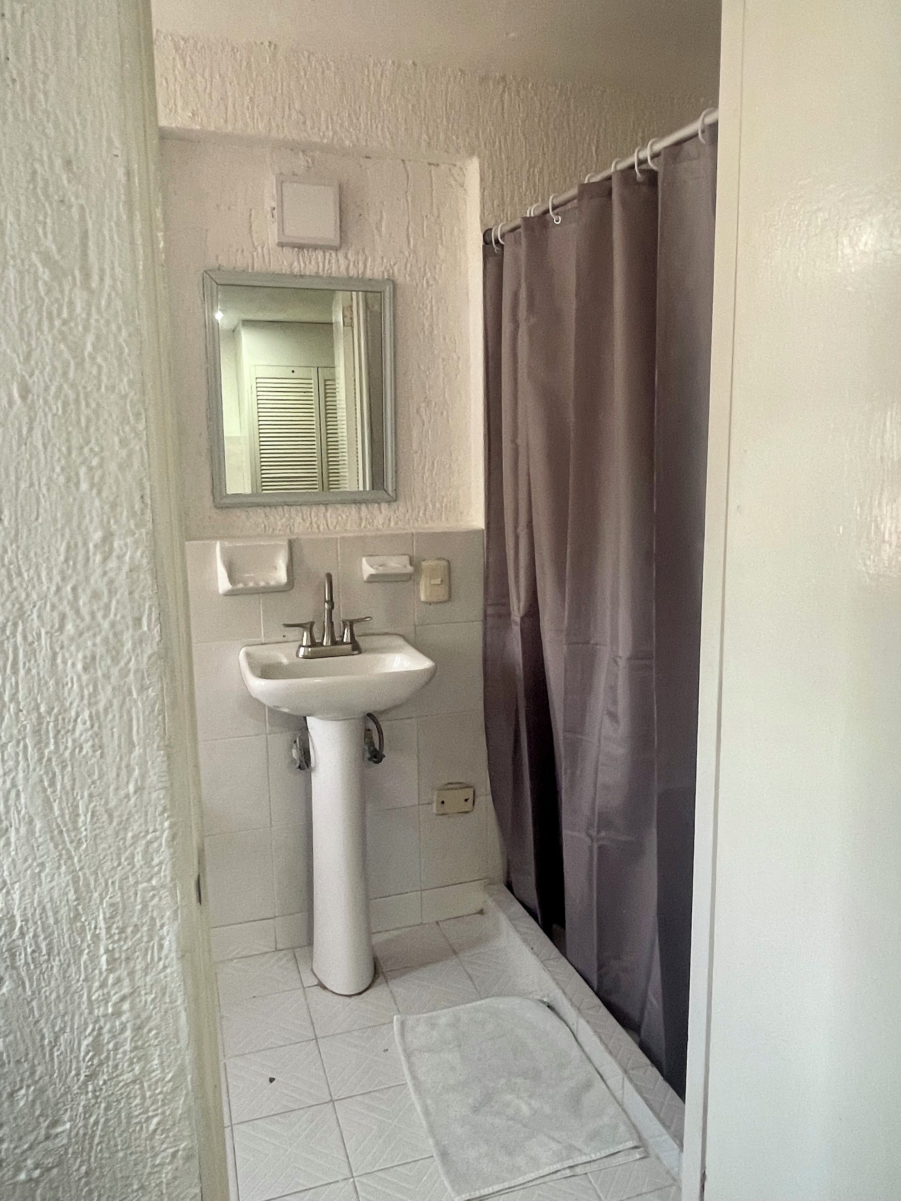 Une salle de bain avec un lavabo sur colonne, un miroir et un rideau de douche.