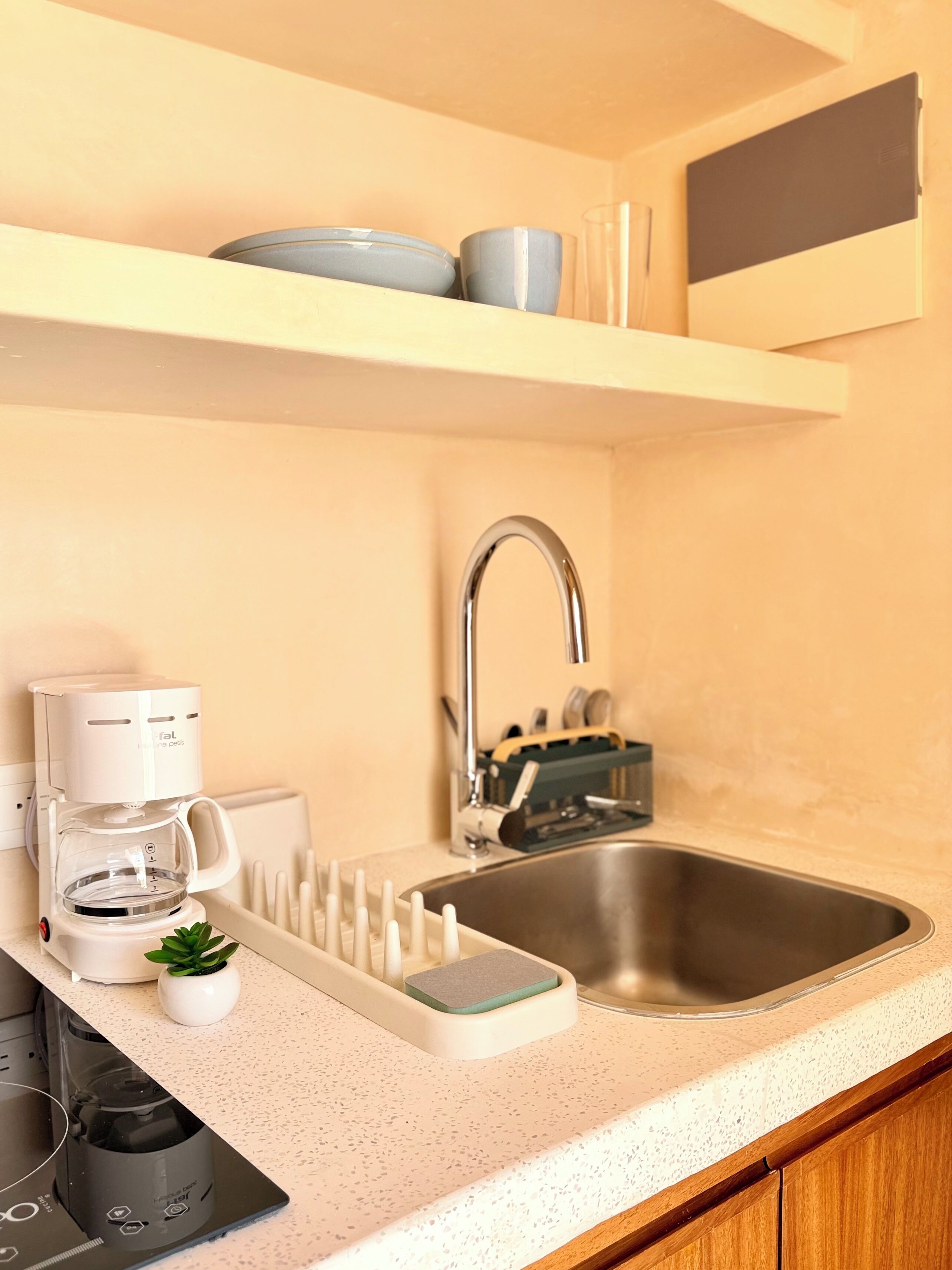 A kitchen with a modern coffee maker, a sink with a dish rack, and a small plant.