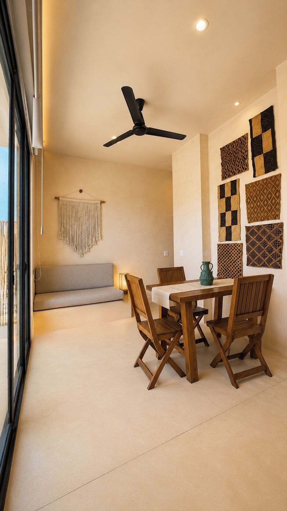 Un espace repas comprenant une table, des chaises, un ventilateur de plafond et des éléments de décoration murale.