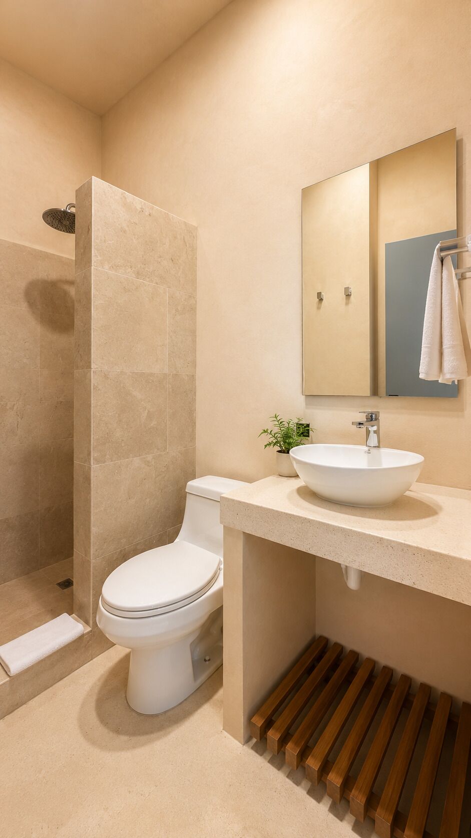 A bathroom with a shower, toilet, sink, and a mirror.
