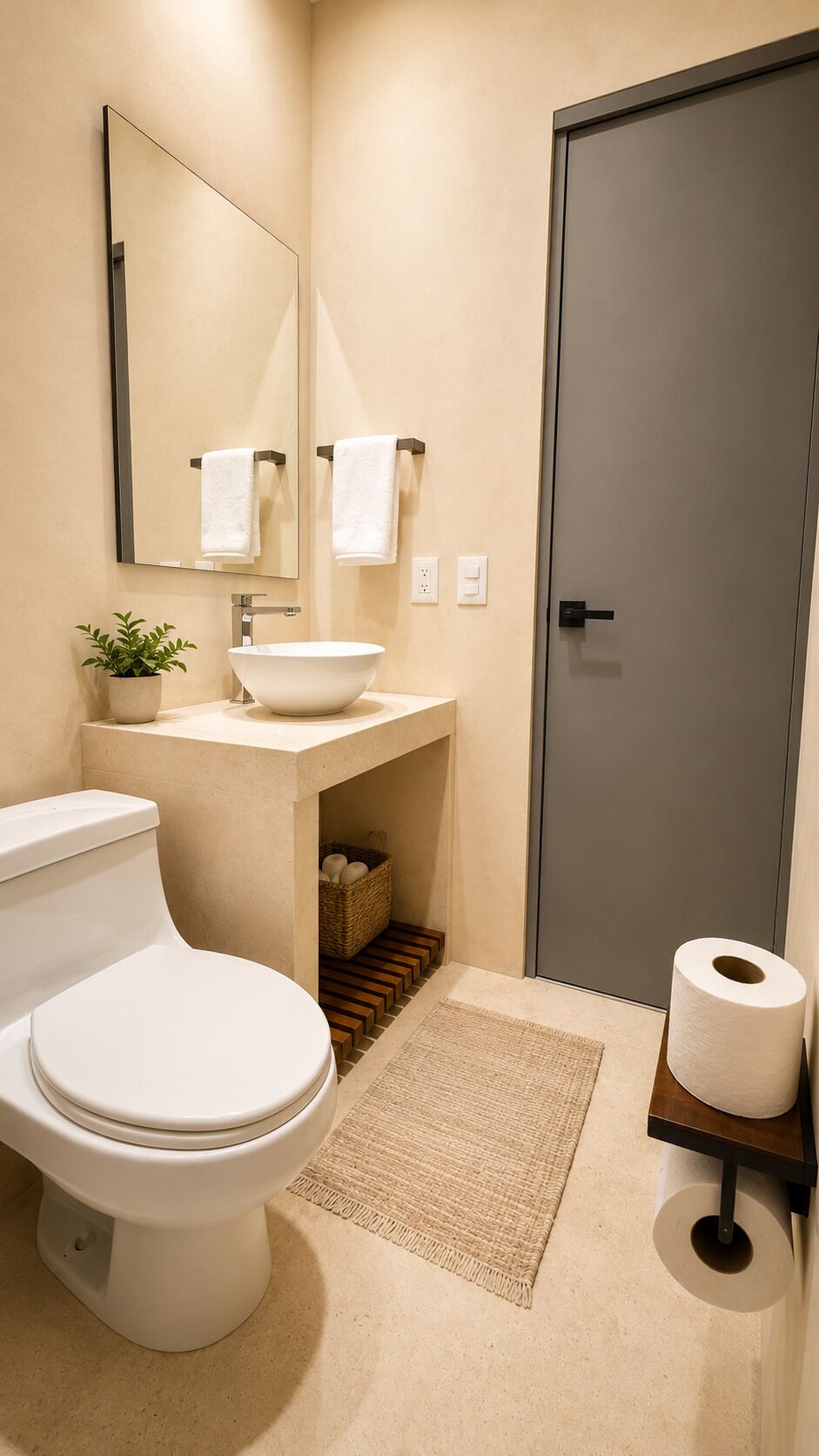 Une salle de bain moderne avec des toilettes, un lavabo et un miroir.