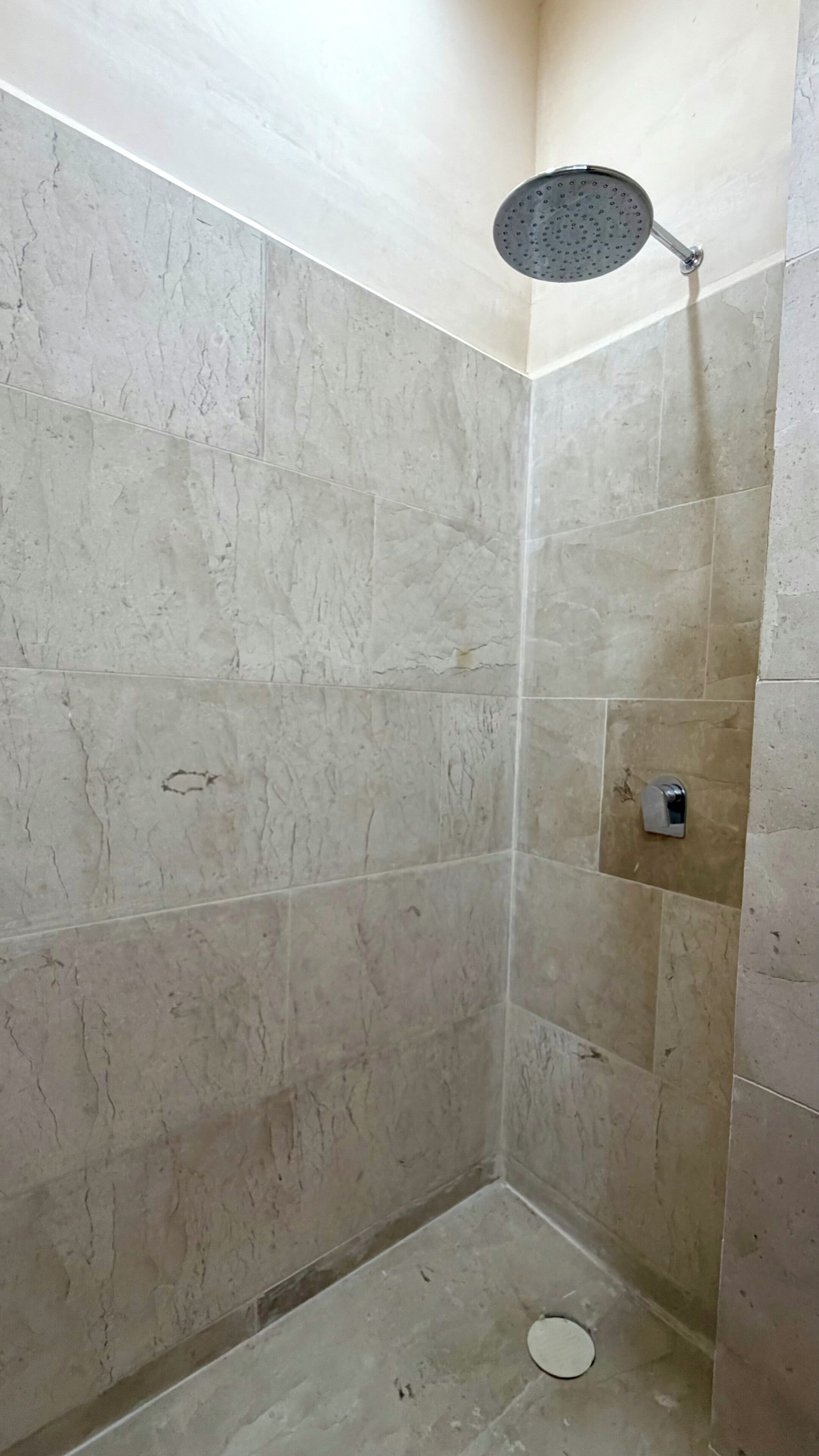 A shower with a handheld showerhead, a drain, and a wall-mounted control panel.