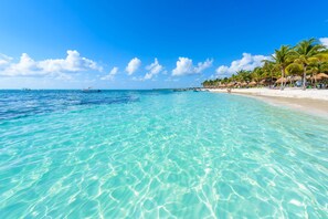 Una playa con agua turquesa cristalina, palmeras y un bote.