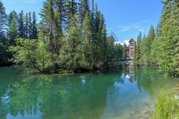 A lodge surrounded by dense forest and a clear lake.