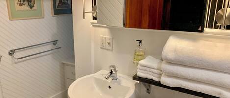 A bathroom with a white sink, a mirror, a towel rack, and a handrail.