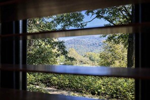 A view through a window with a metal frame, displaying a natural landscape with trees and a hill in the background. - Honeymoon Cottage Chateau DuMont (Banner Elk)