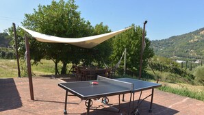 Une table de ping-pong installée à l’extérieur, sous un auvent, sur une terrasse en briques, avec vue sur les arbres et les collines.