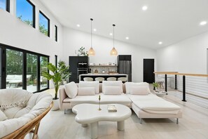 TV, fireplace, books