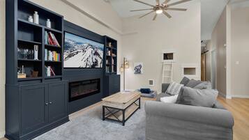 Smart TV, fireplace, books