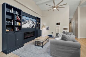 Smart TV, fireplace, books
