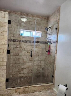 Hair dryer, towels, soap, toilet paper