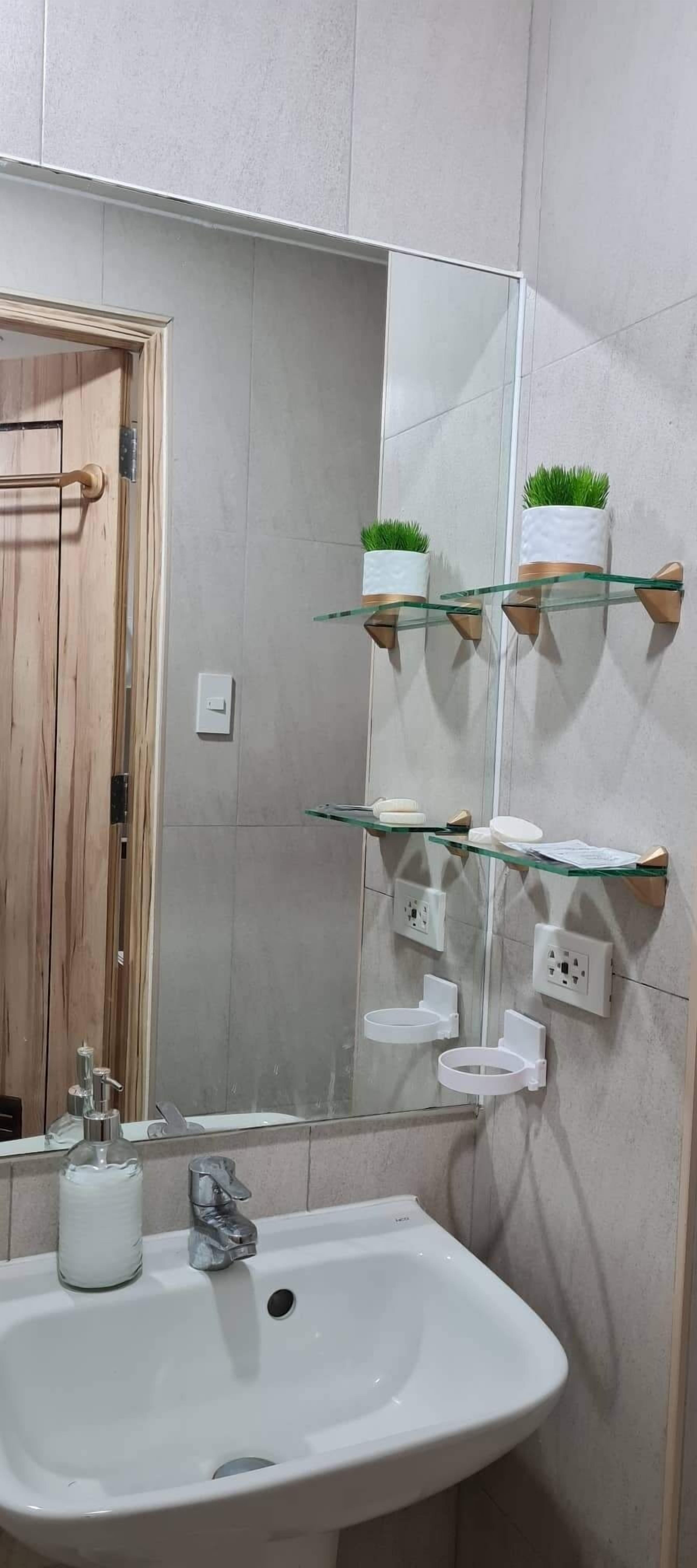 Un baño con un lavabo blanco, un espejo y tres estantes de vidrio con plantas.