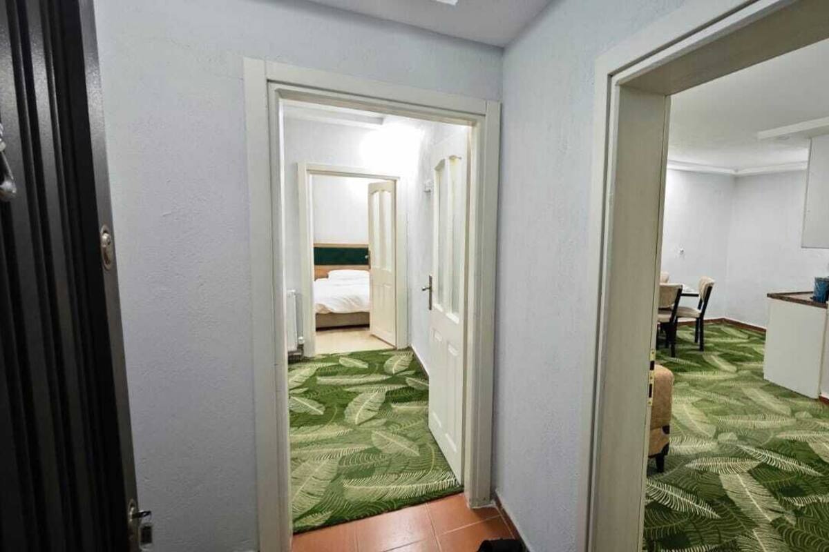 Un pasillo con alfombra verde que conduce a una habitación con cama y sillón.