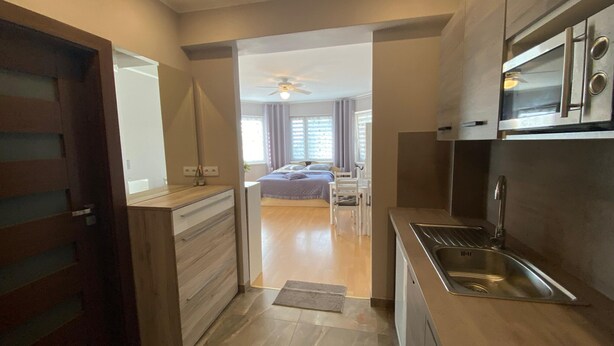 A modern kitchen with a built-in oven and microwave, a wooden countertop, and a stainless steel sink. - Apartment Close to the Beach, Miedzyzdroje (Międzyzdroje)