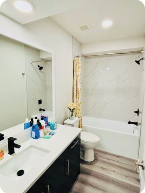Hair dryer, towels, soap, shampoo