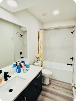 Hair dryer, towels, soap, shampoo
