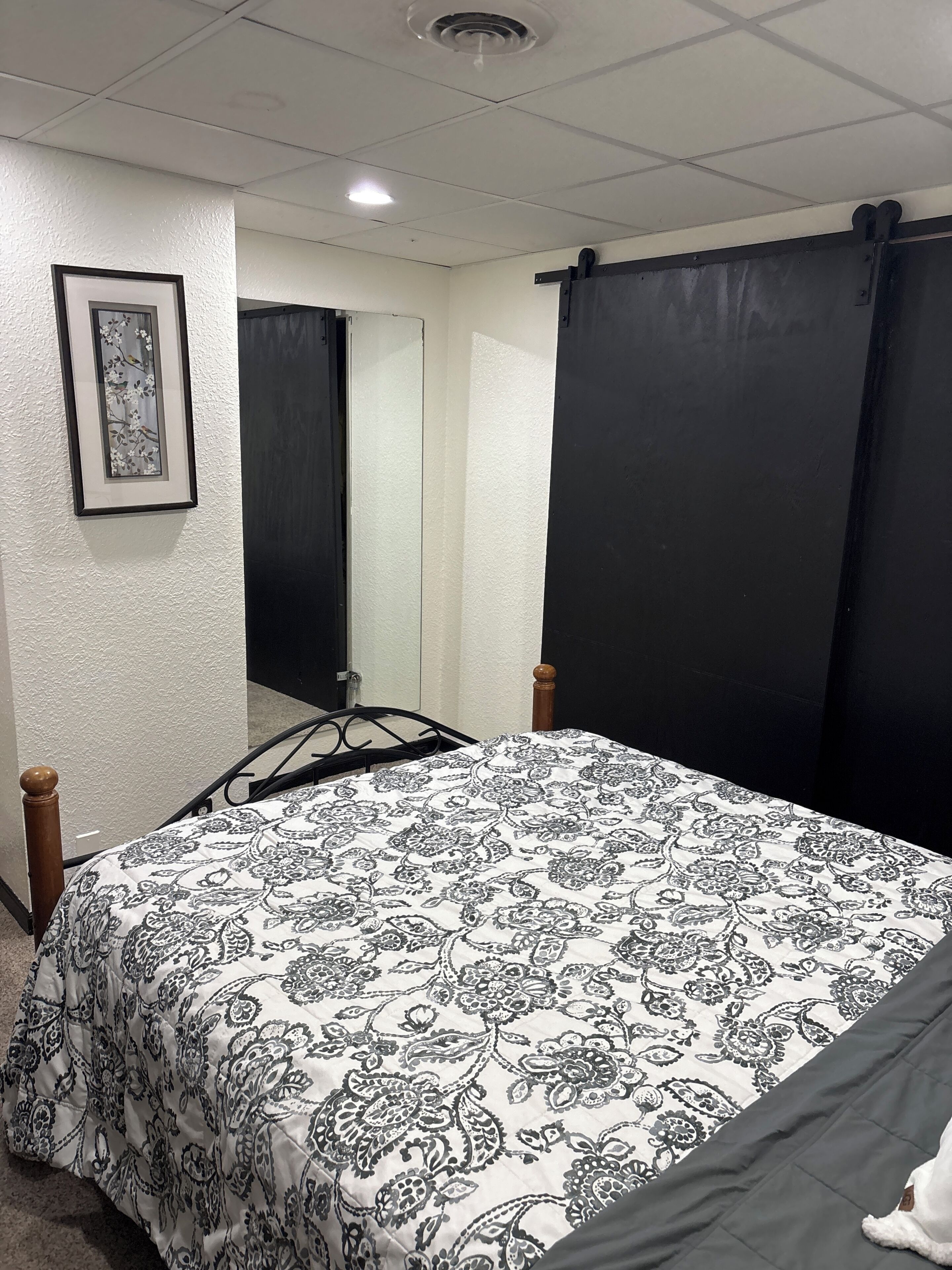 Une chambre à coucher avec un lit, un tableau encadré au mur, une porte et un luminaire au plafond.