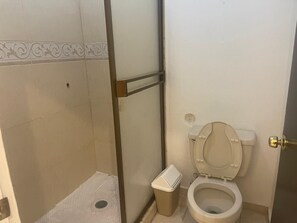 Regadera, toallas, jabón, papel de baño 