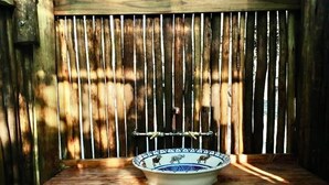 Un estante de madera con un cuenco de cerámica con diseños de animales.