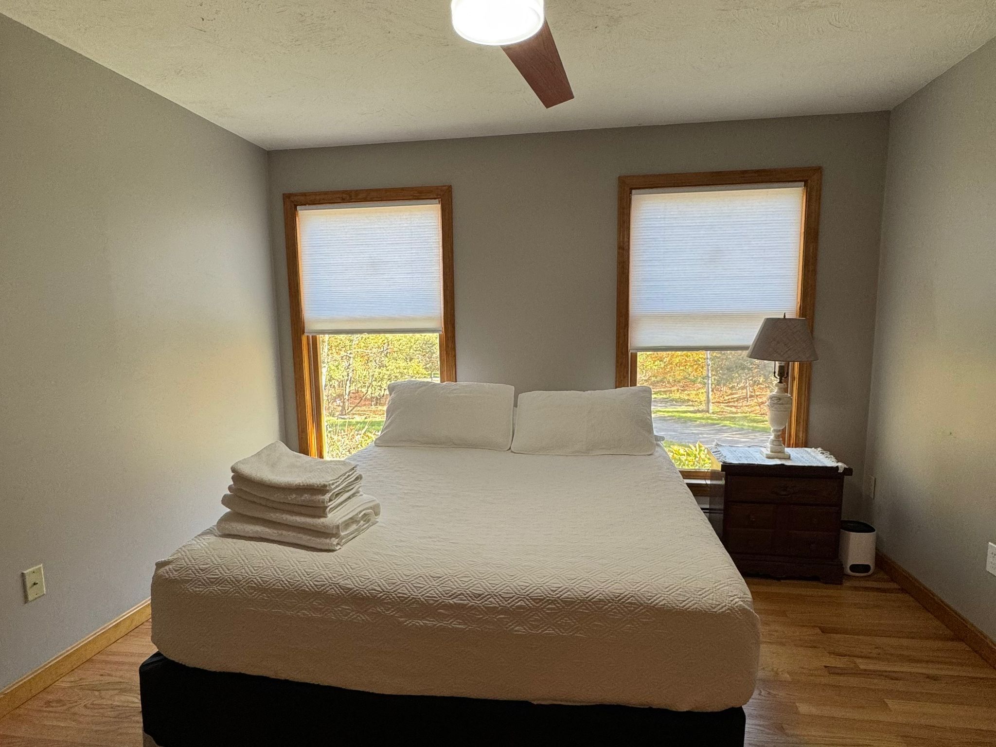 A bedroom with a bed, two windows, a nightstand, and a lamp.