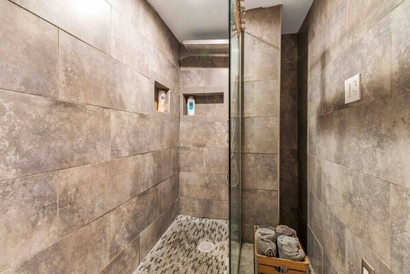 Shower, hair dryer, shampoo