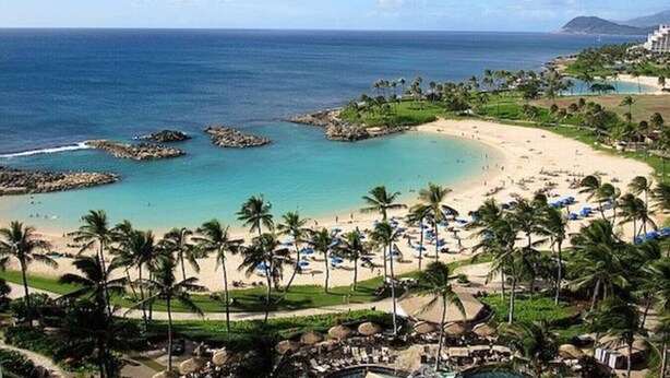 Un resort en la playa con orilla arenosa, palmeras y vista al océano.