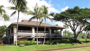 A two-story building with a balcony, surrounded by palm trees and greenery.