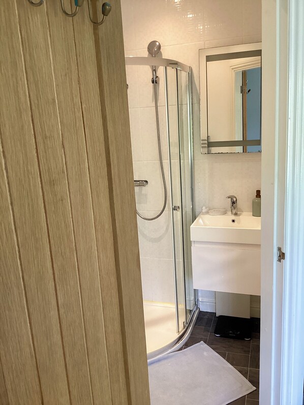 A bathroom with a glass shower enclosure, a white sink, and a mirror above the sink.