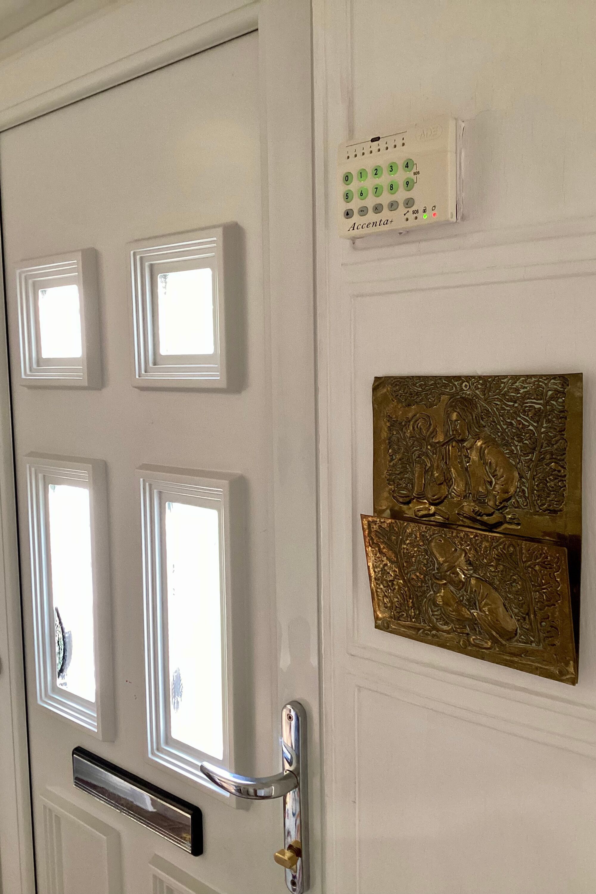 A white door with a keypad lock, a silver handle, and a brass doorknob.