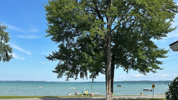 Un jardin aménagé avec un sentier menant à un point de vue sur la mer.