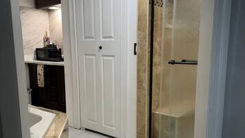 Hair dryer, towels, soap, toilet paper