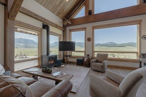 Smart TV, fireplace, books, printers