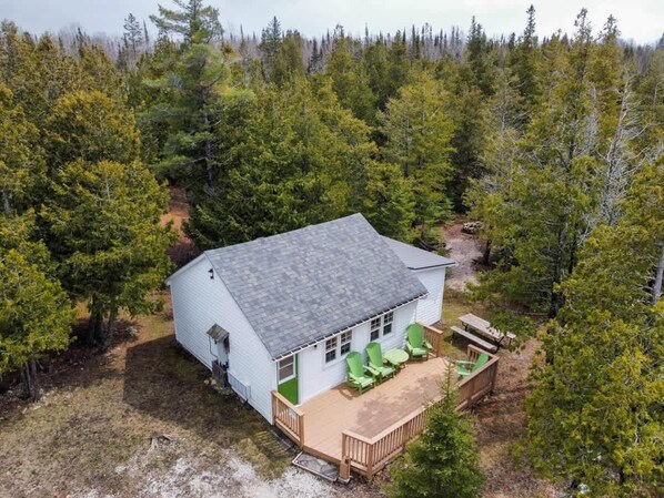 A white cabin with a deck, surrounded by dense forest.