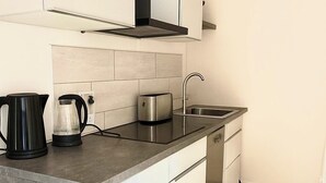 A modern kitchen with a granite countertop, stainless steel appliances, and a built-in dishwasher. - Central new-build apartment in Siegen (Siegen)