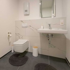 Hair dryer, towels, soap, toilet paper