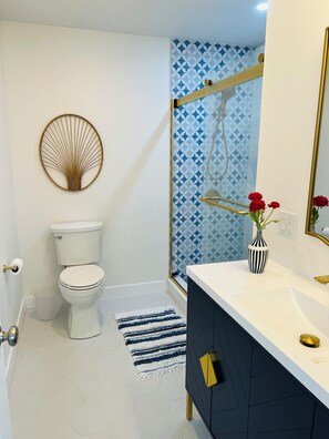 Hair dryer, towels, soap, toilet paper