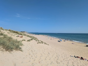 Een strand met duinen en een heldere lucht.