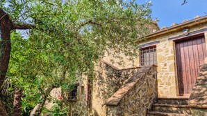 A stone staircase leading to a rustic building with a wooden door and window.