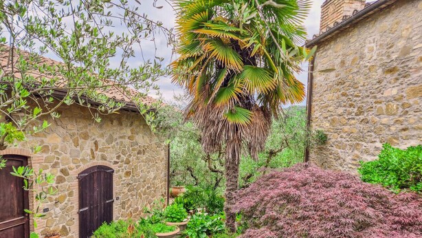 A stone building with a rustic charm, surrounded by lush greenery and various plants. - Monte Oliveto House - Apartment 3 (Bettona)