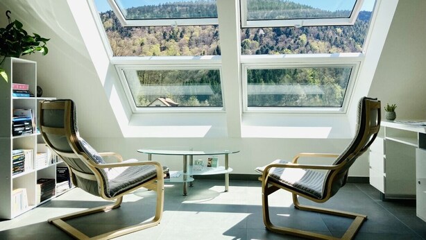 Une pièce moderne avec deux fauteuils confortables, une table en verre et une bibliothèque. De grandes fenêtres de toit offrent une vue sur un paysage boisé.