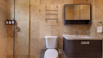 Un baño moderno con cabina de ducha de vidrio, inodoro blanco, tocador de madera oscura con espejo y barra para toallas.