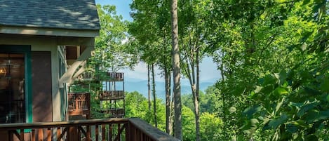 Una terraza de madera con un banco azul, con vistas a un bosque verde exuberante y una cordillera de montañas.